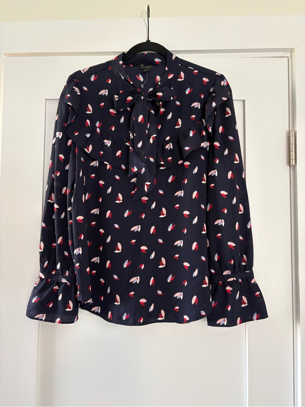 Ann Taylor Navy Blue Geometric Petal Ruffle Tie Neck Blouse 444991